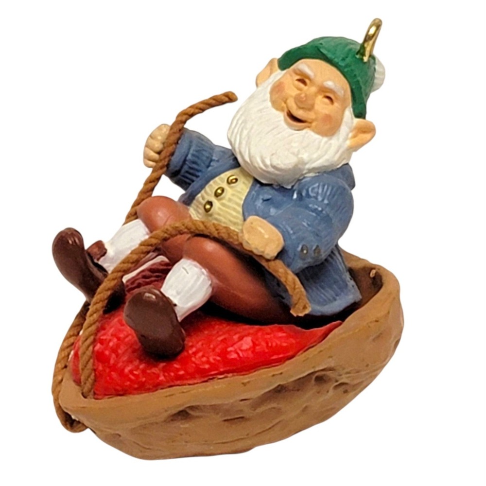 VTG 80s Hallmark Walnut Shell‎ Rider Christmas Ornament 1986 Elf Gnome Keepsake